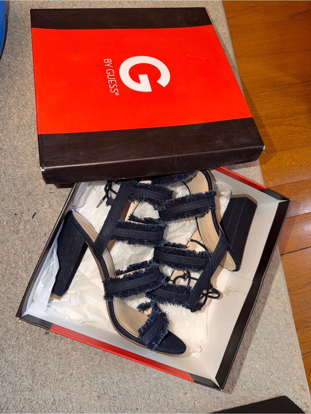 GUESS Navy Frayed Multi-Strap Block Heel Sandals